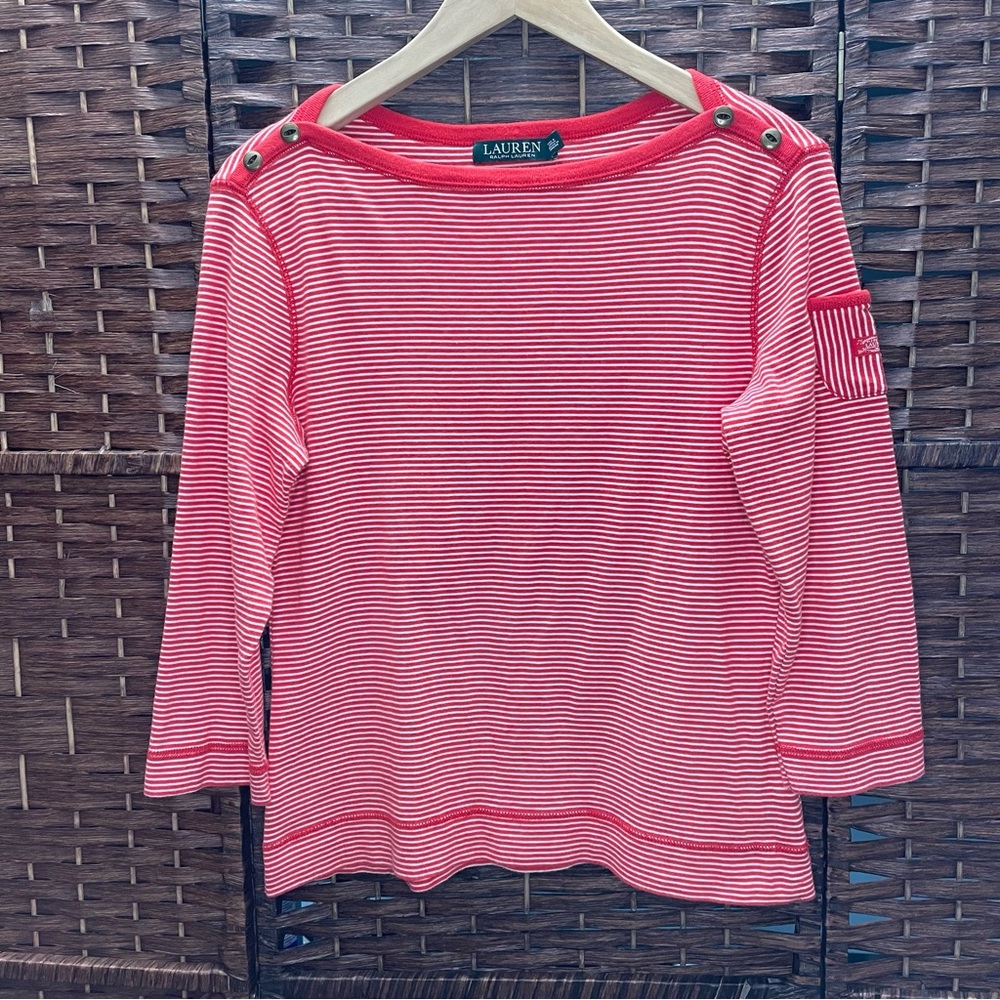 Ralph Lauren Red and White Top, 90s, Striped, 3/4 Sleeve, 100% cotton, Size L.